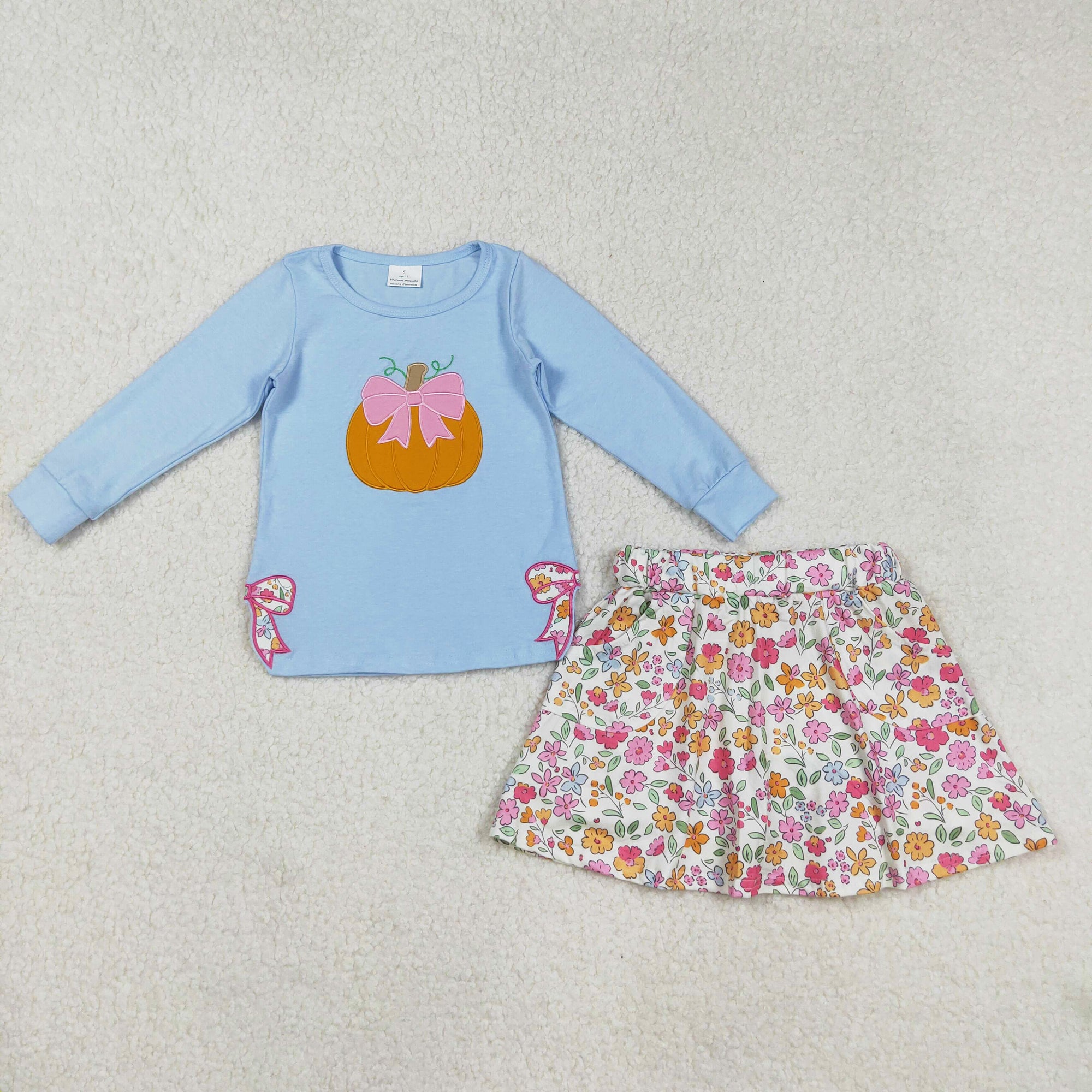 pumpkin embroidery pullover shirt floral skort set outfit