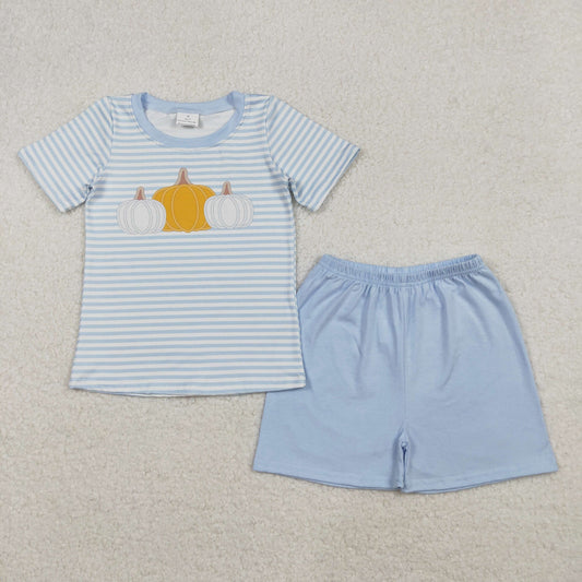 blue stripes pumpkin embroidery boy shorts set