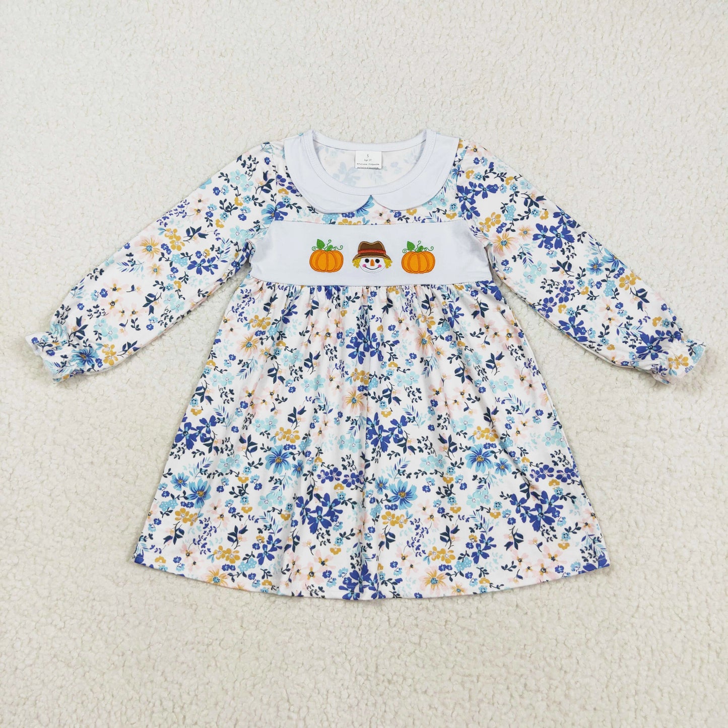 long sleeve floral scarecrow pumpkin embroidery dress