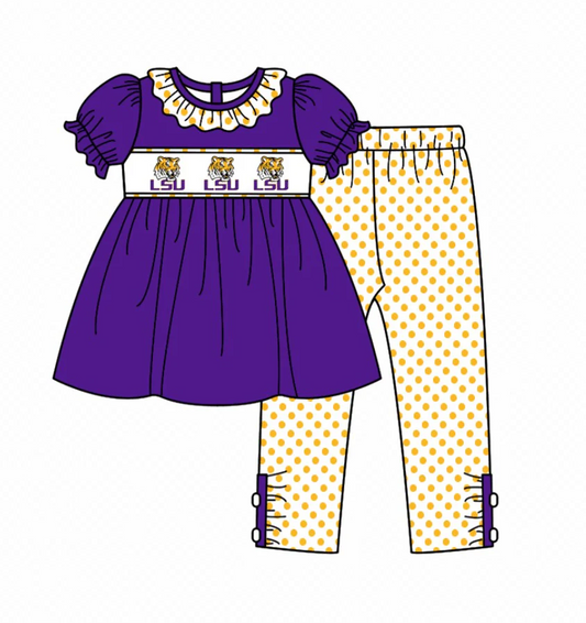 TAT 5-6 weeks MOQ 3 Team's LSU Purple Tunic Top Dots Pants Girls Clothes Set