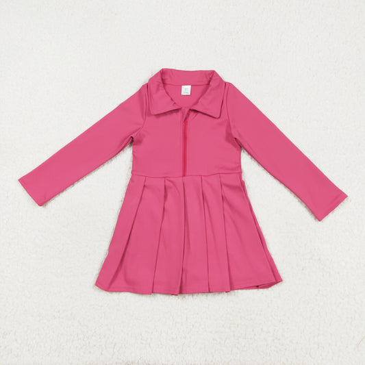 Long sleeves hot pink zipper pleated polo dress