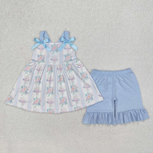 floral cake print strap blue shorts set