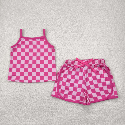 hot pink checkered suspender shorts set