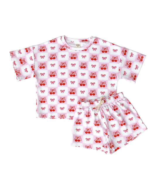 TAT 6-7 weeks MOQ 5 checkered cherry shorts set
