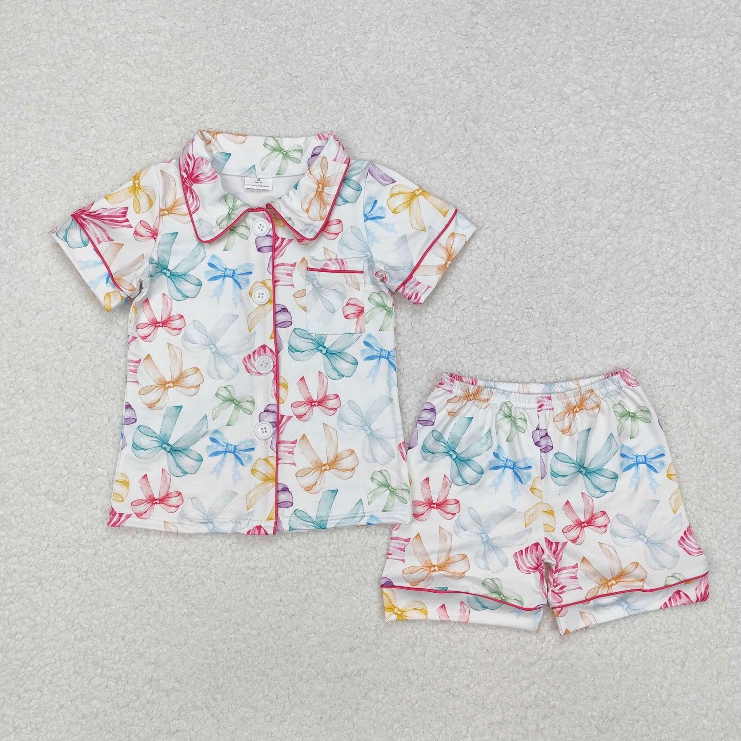 colorful bows on white button shorts pajama set