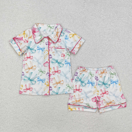 colorful bows on white button shorts pajama set