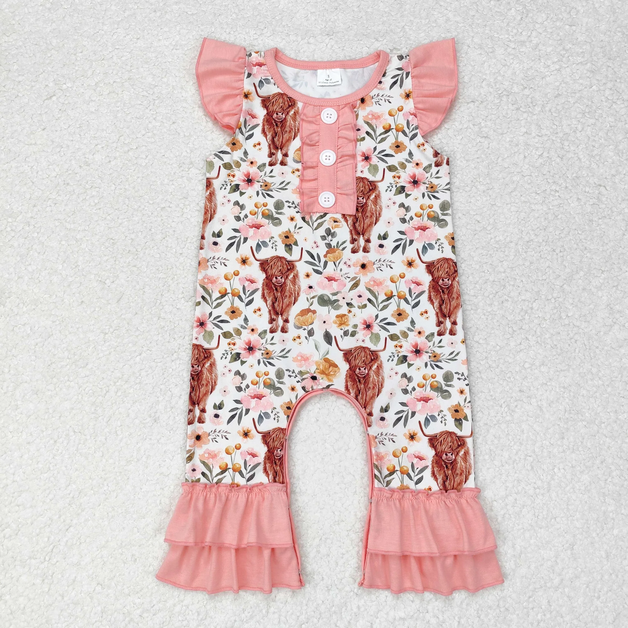 SR0010 USA Warehouse Pink Highland Cow Ruffle Romper