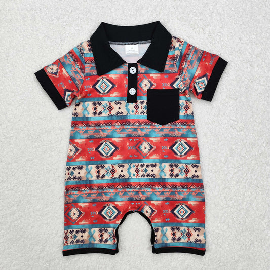 aztec print baby boy polo rompers