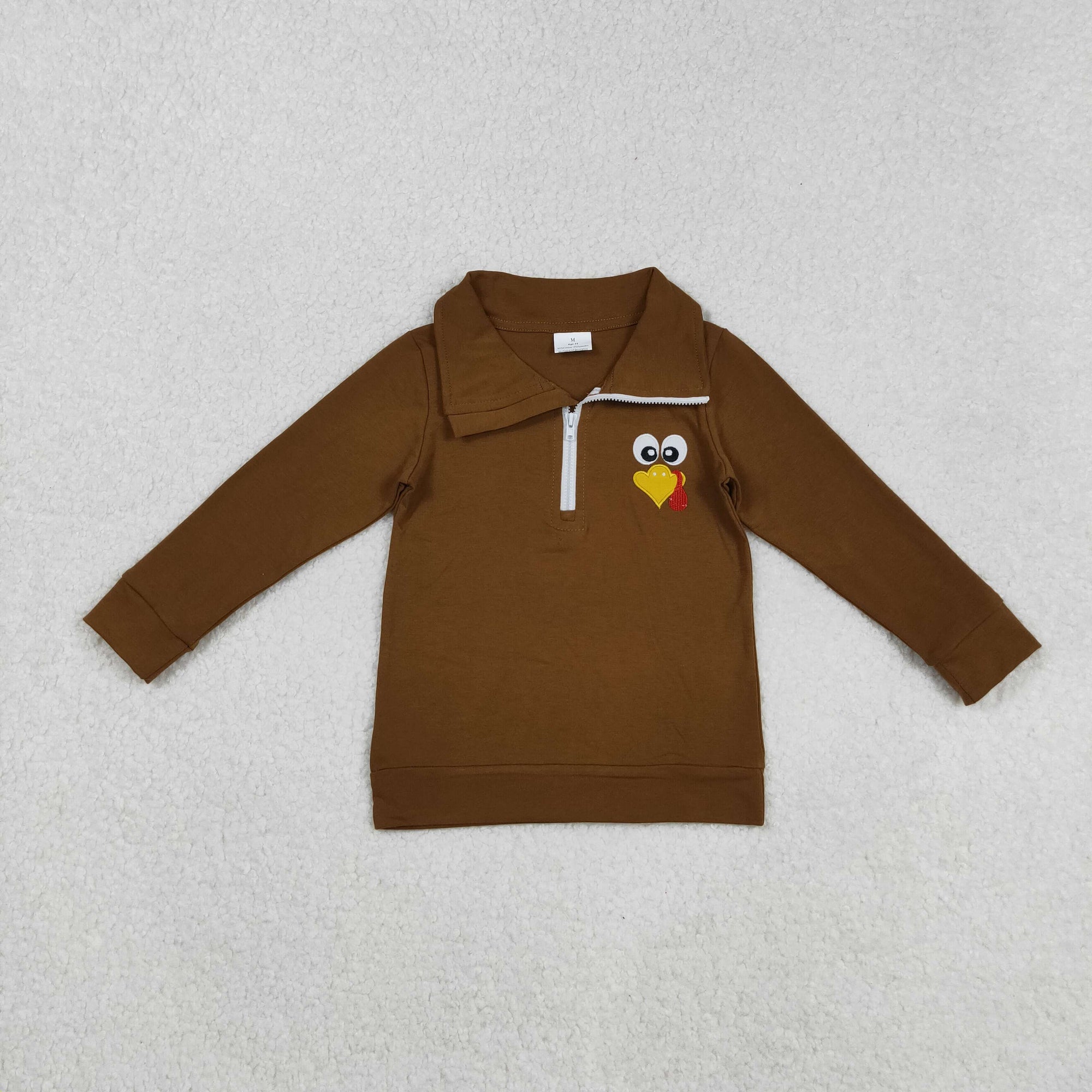 cotton brown turkey embroidery boy zip pullover