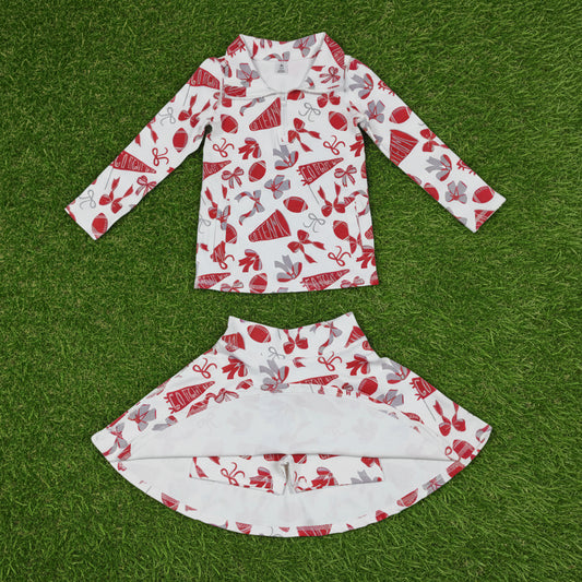 go team fight win football red bows two piece zipper athletic skirts outfit