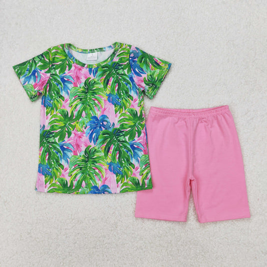 short sleeve tropical palms shorts set girls clothes