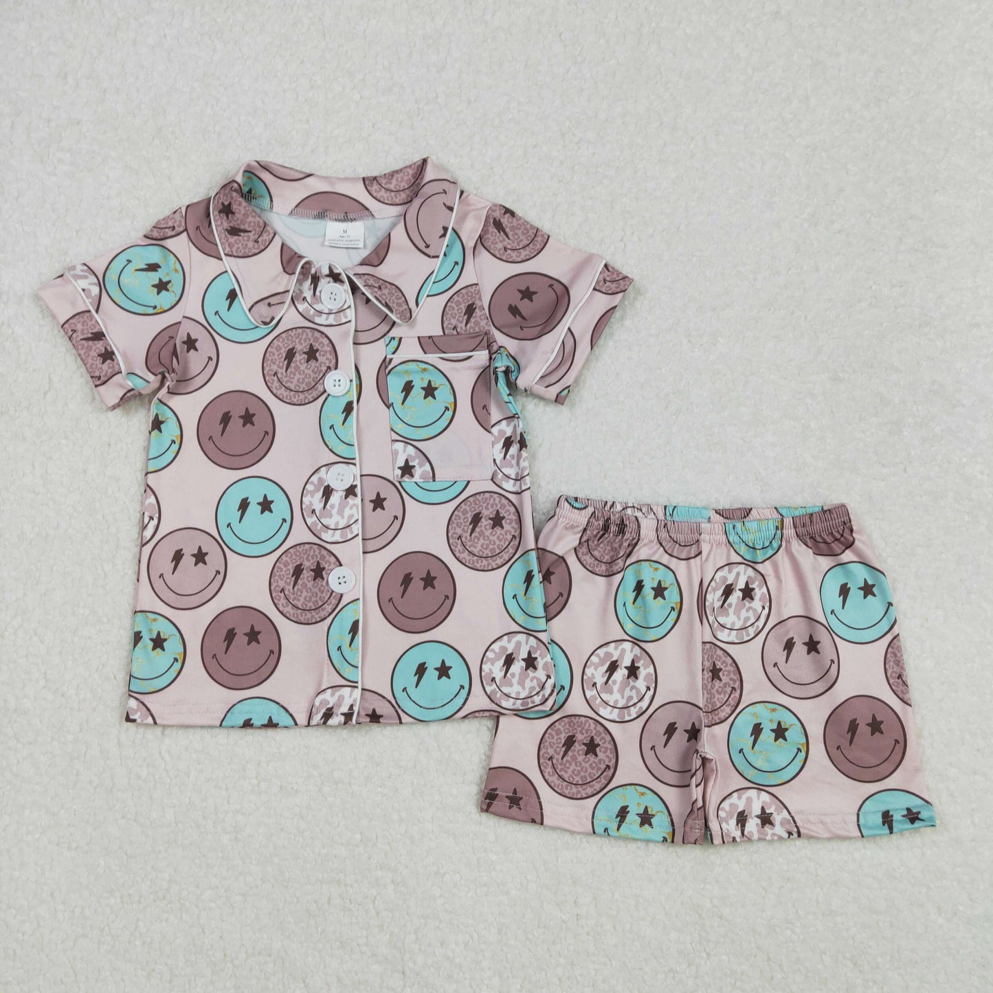smiley print button down shorts pajama set kids sleepwear