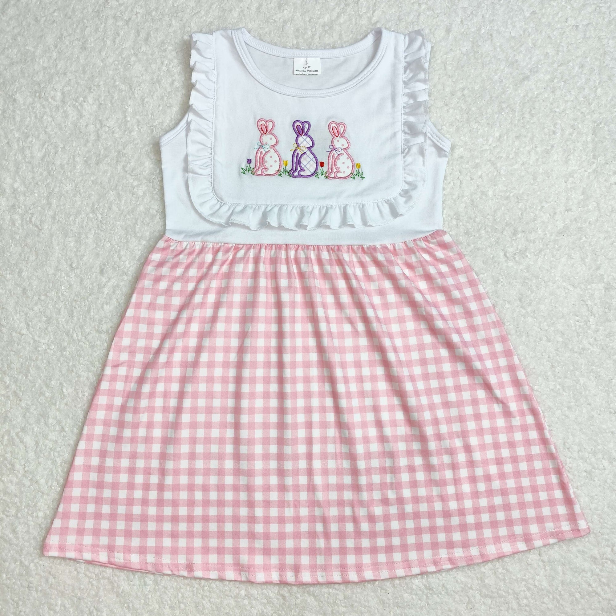 pink plaid easter rabbit embroidered girl dress