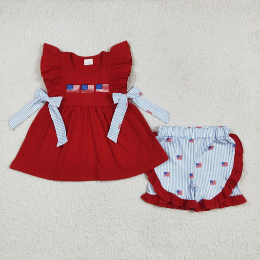 4th of july flag embroidery ruffle shorts set