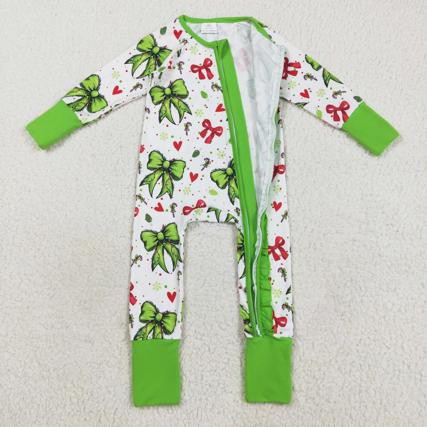 green red bow Christmas ruffle girl zip sleeper