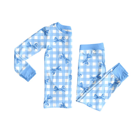 TAT 6-7 weeks MOQ 3 long sleeve blue plaid bow kids pajama