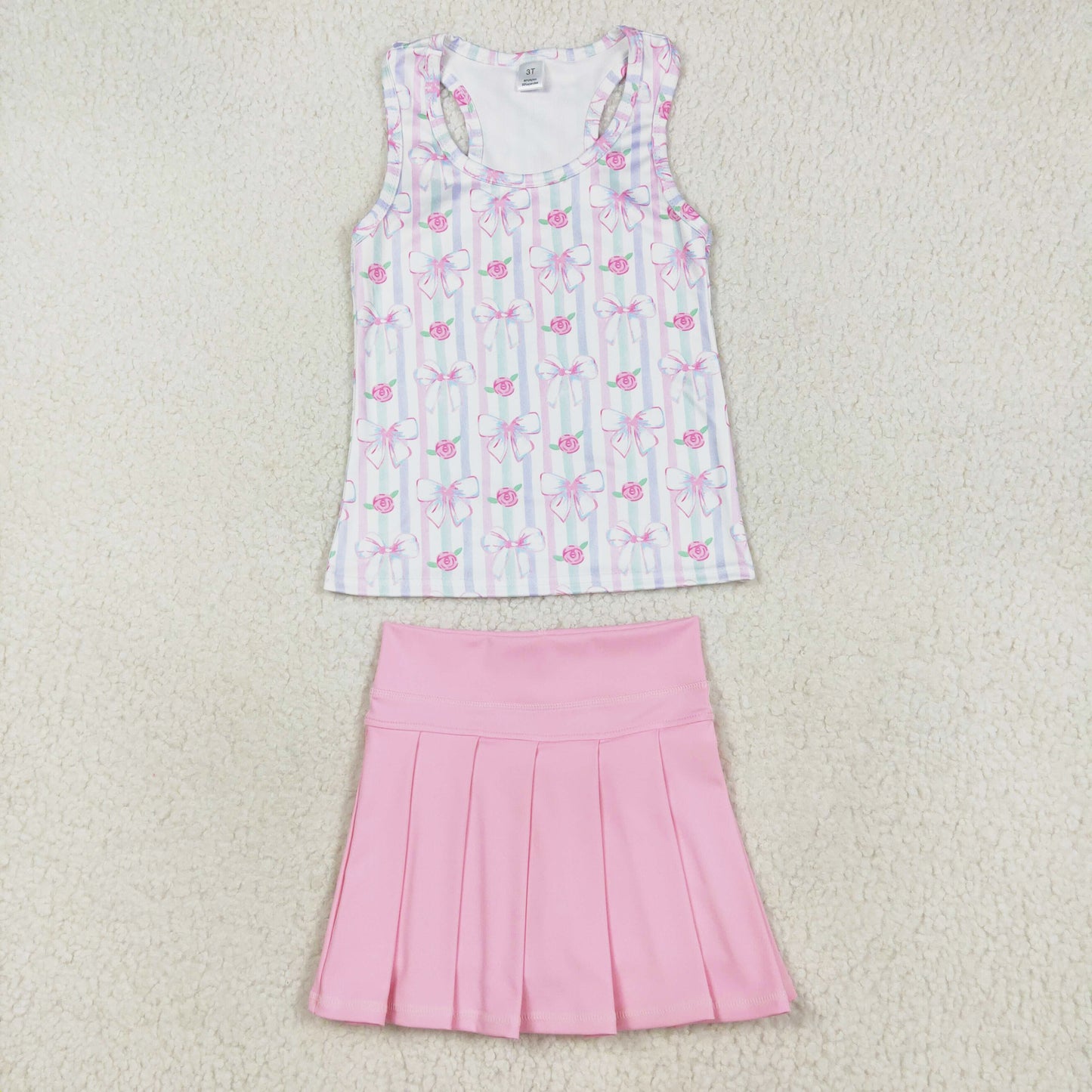 Floral Tank Top Pink Pleated Skirts Set