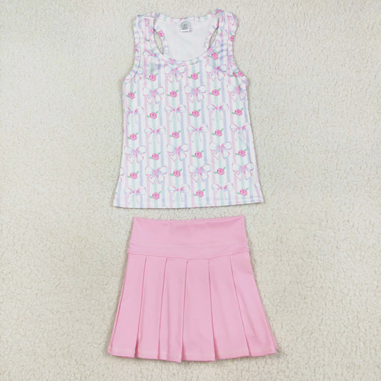 Floral Tank Top Pink Pleated Skirts Set