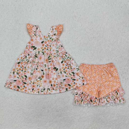peach flower cross tunic ruffle shorts set girls clothes