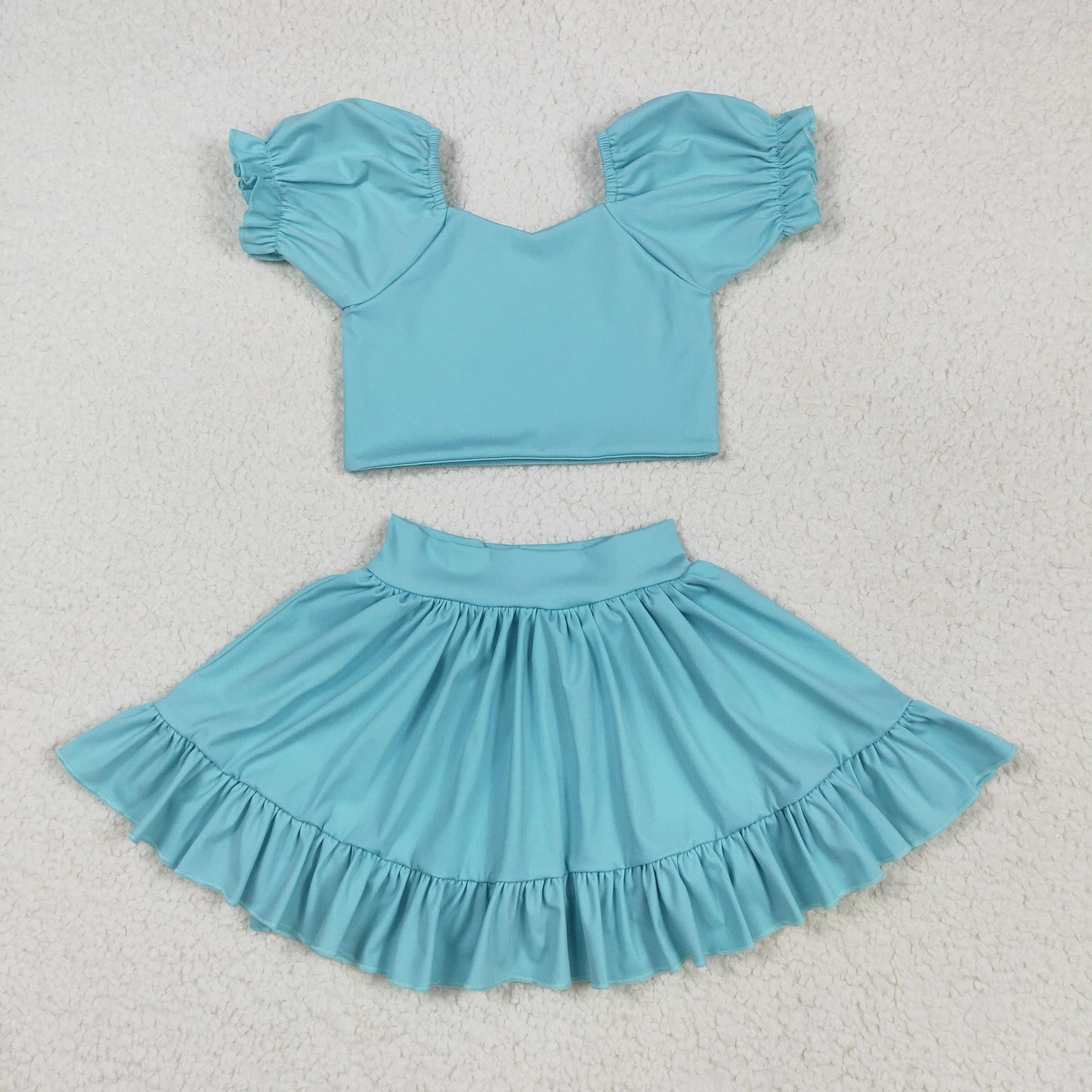 solid blue two pieces ruffle athletic skort dress yoga set