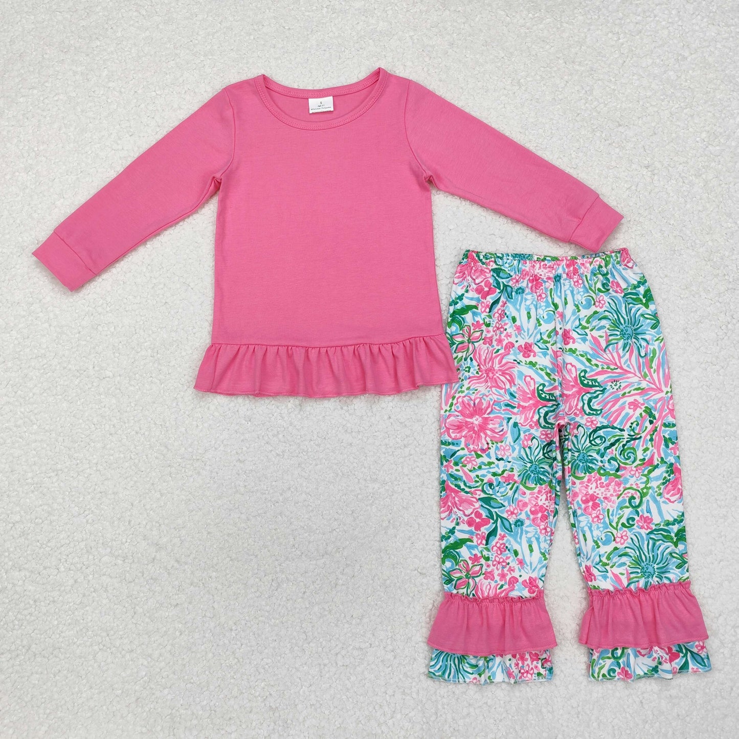 pink cotton shirt floral pants set girl fall outfit