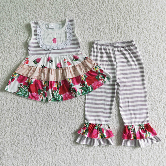 sleeveless gray stripe rose outfit