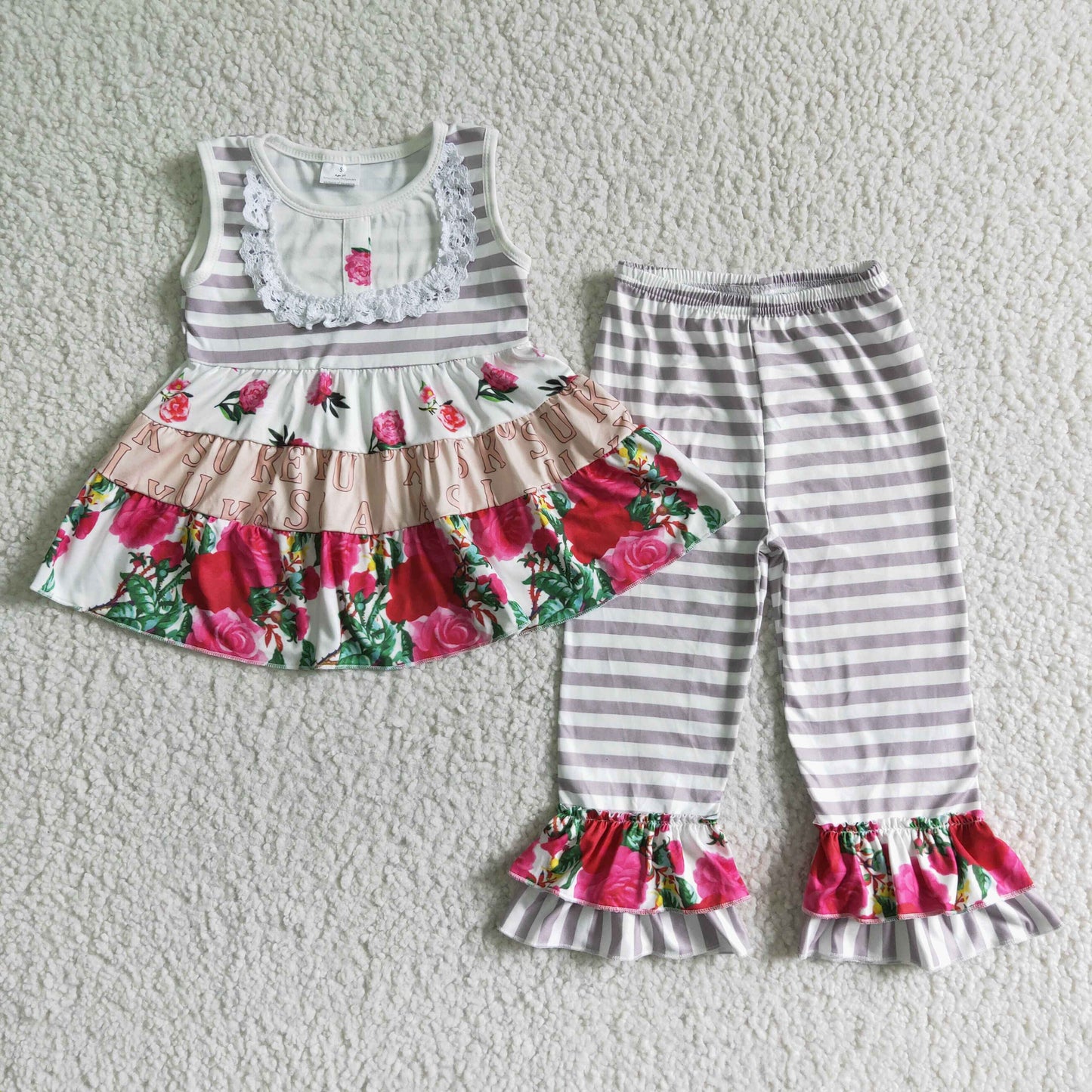 sleeveless gray stripe rose outfit