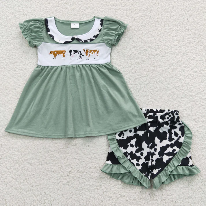 Kids Cow Embroidery Sibling Clothes