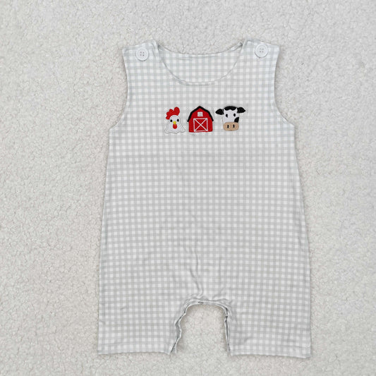 gray gingham embroidered farm tank romper