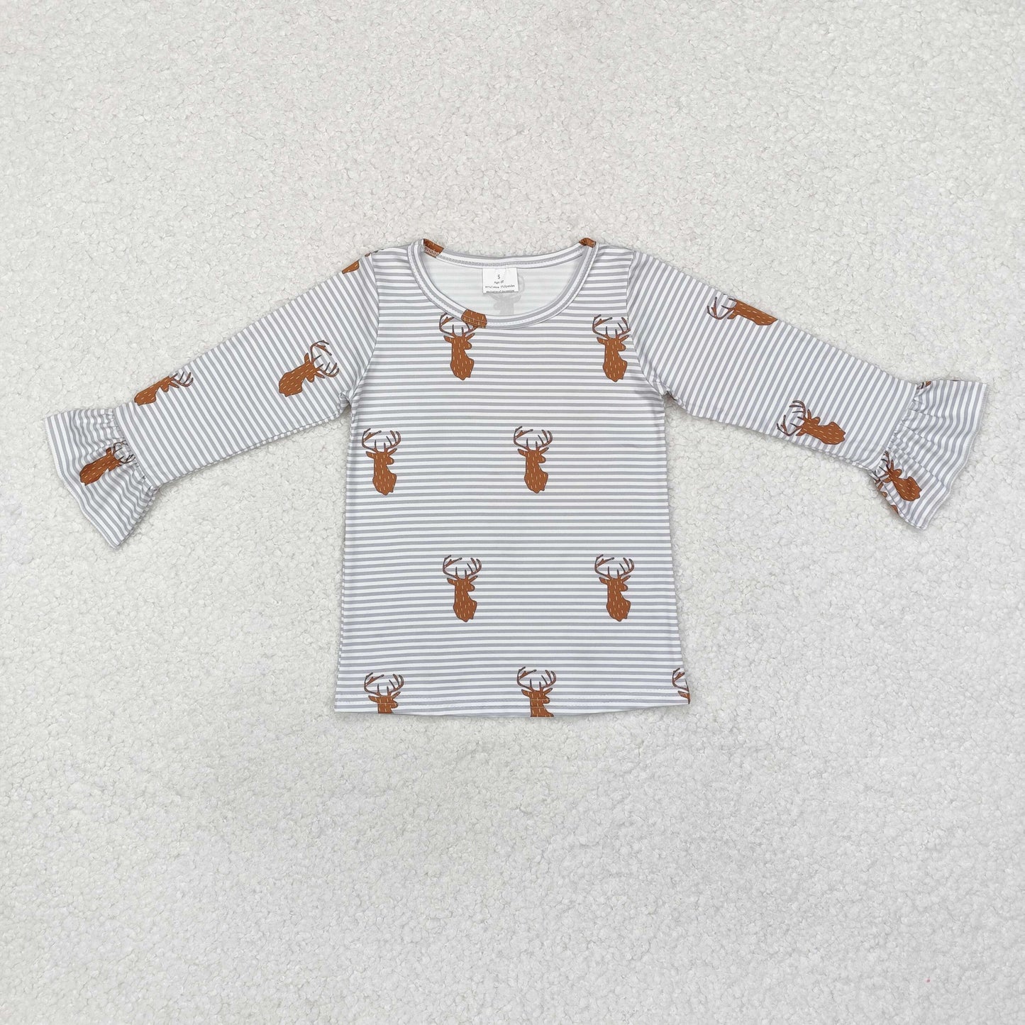 girl long sleeve gray stripes deer print shirt