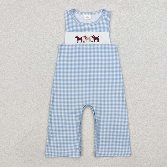 baby boy blue gingham dog print romper