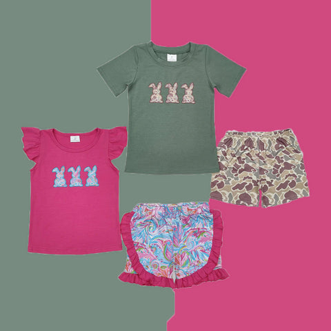 Bunny Embroidery Shorts Set Kids Sibling Easter Clothes