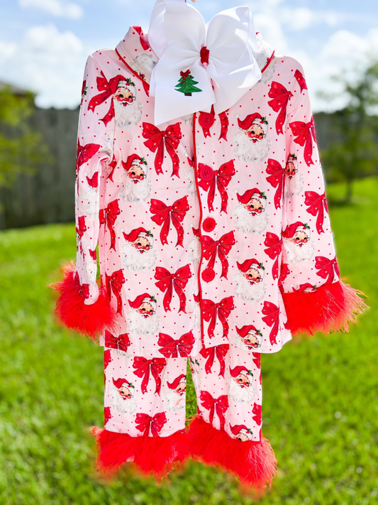 red bows santa print fur button down pajama set