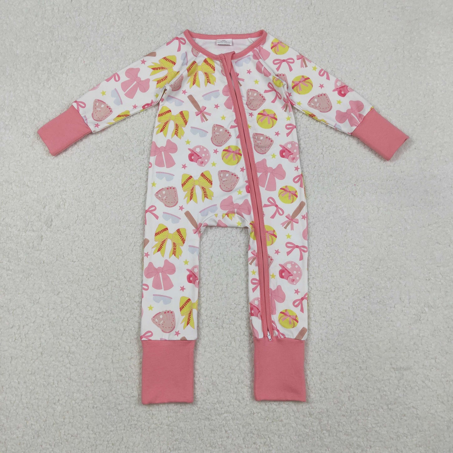 pink bow baseball infant girl zipper sleeper