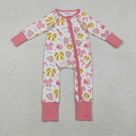 pink bow baseball infant girl zipper sleeper