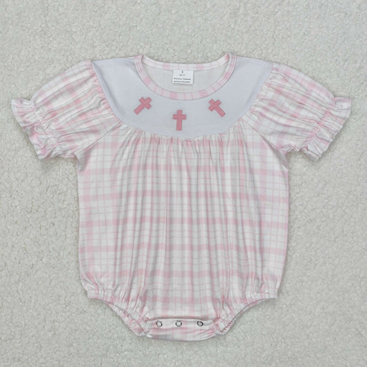 pink plaid easter cross embroidered girl bubble