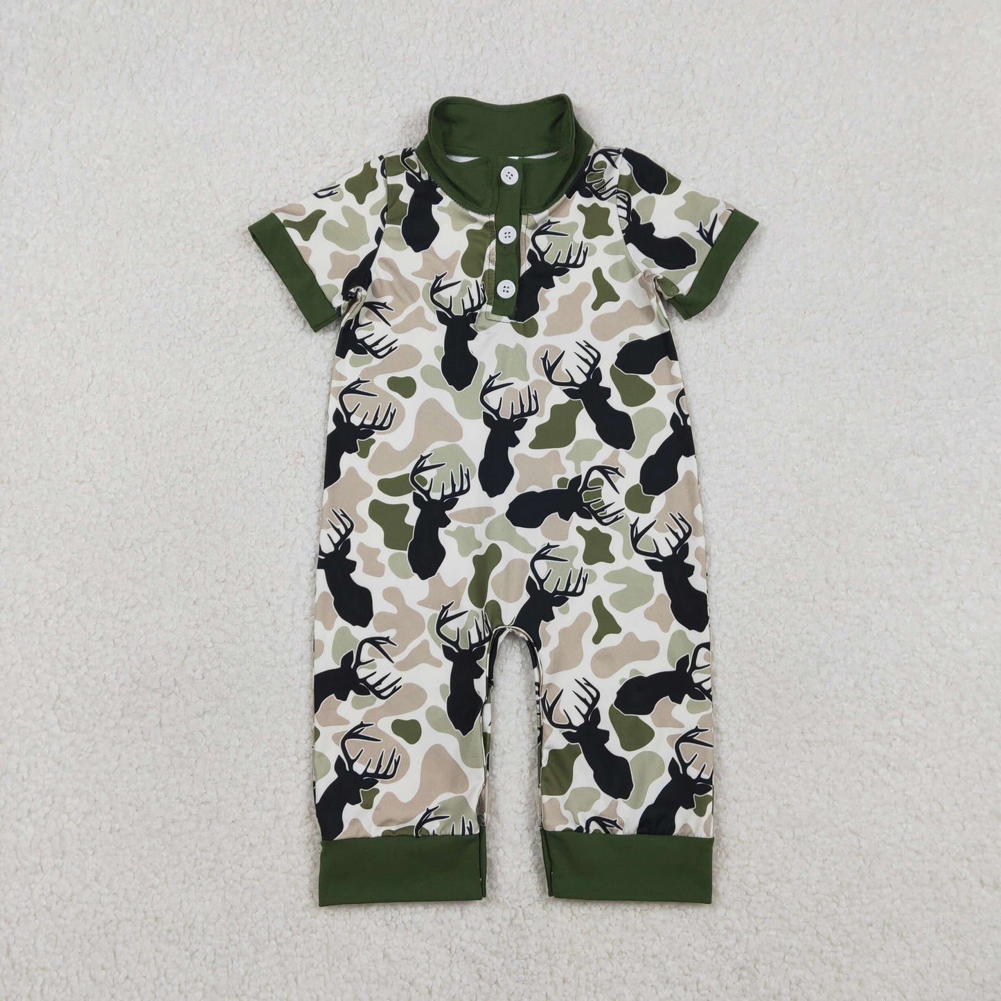 short sleeve olive deer camo boy romper