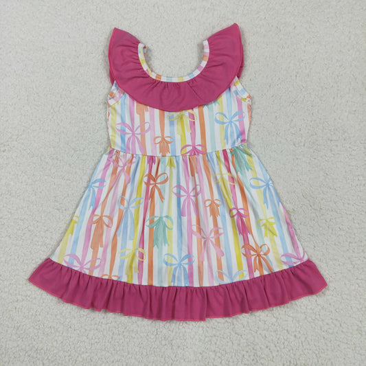 colorful stripes bow backless ruffle dress