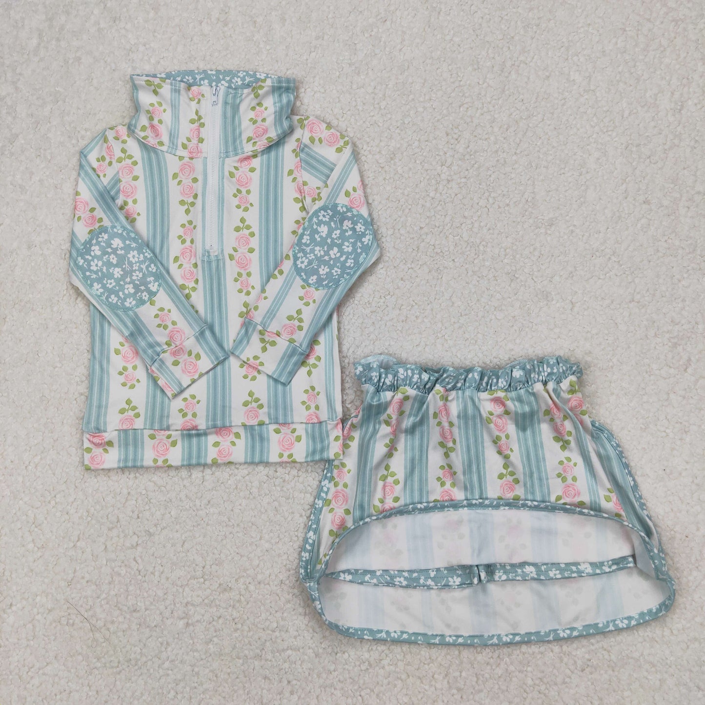 stripes flower zip pullovers skort set outfit