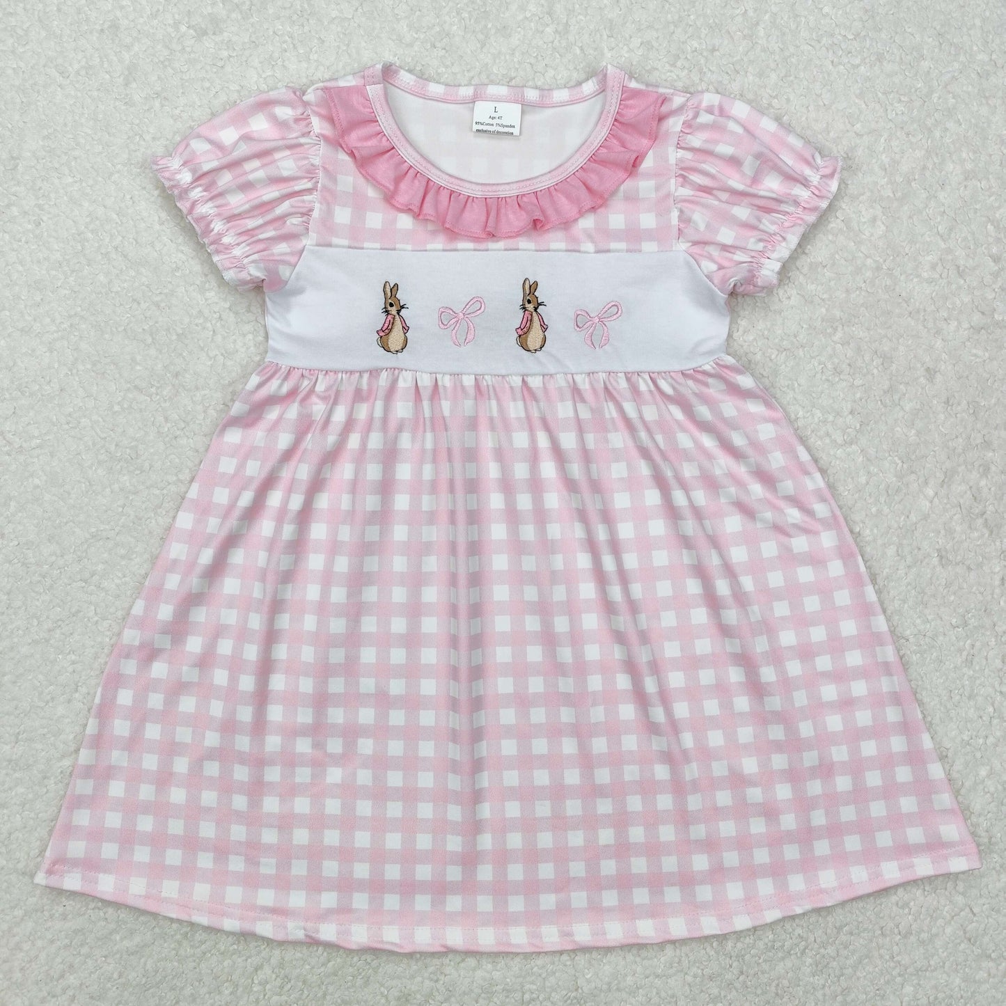 pink plaid bunny and bows embroidered girl easter dress