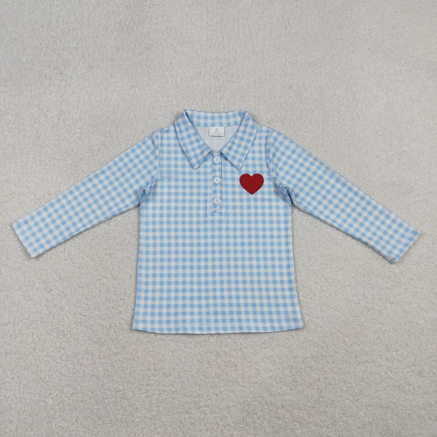 blue gingham red heart embroidery boy button up pullover shirt