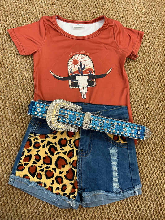 Brown T-shirt Leopard Denim Shorts Girls 2 Pieces Summer Outfits