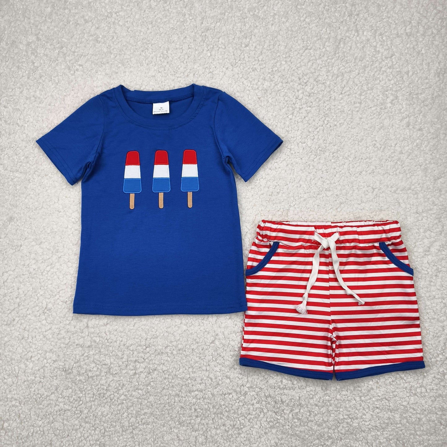 red white blue popsicle embroidery shorts set