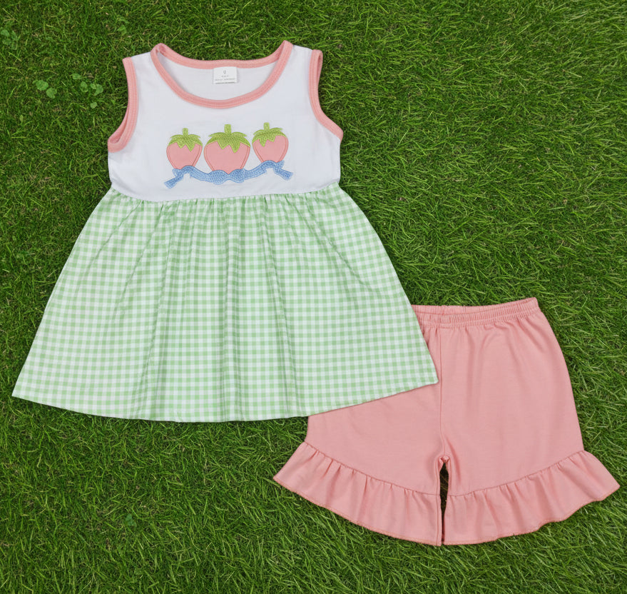 strawberry embroidery girl shorts set