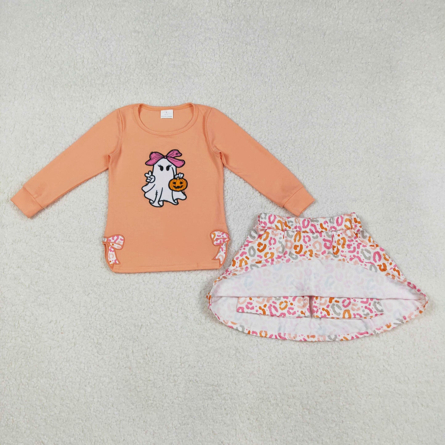 orange ghost embroidery pullover shirt leopard skort set outfit