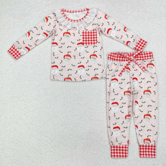 santa print girl Christmas pajama set with pocket