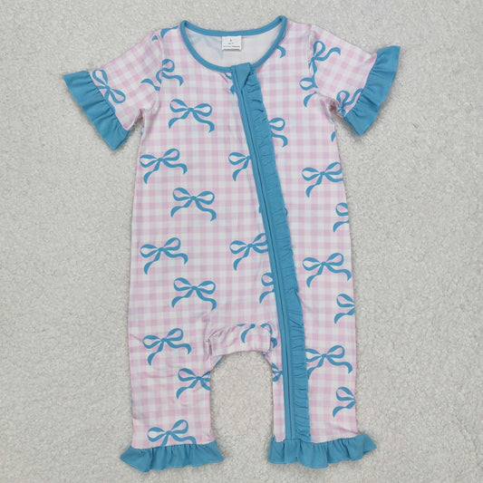 short sleeve pink plaid blue bows zip sleeper