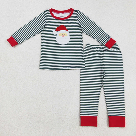 green stripes santa embroidery boy pajama outfit