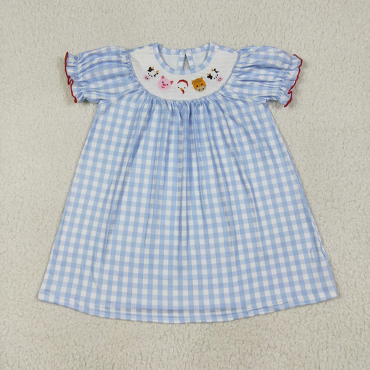 blue plaid farm animal smock dress