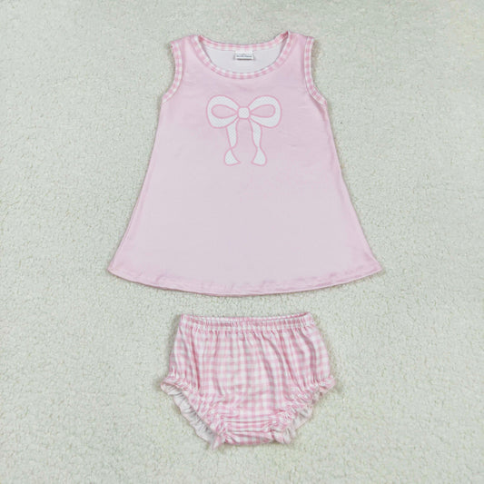 pink bow print plaid bummie set